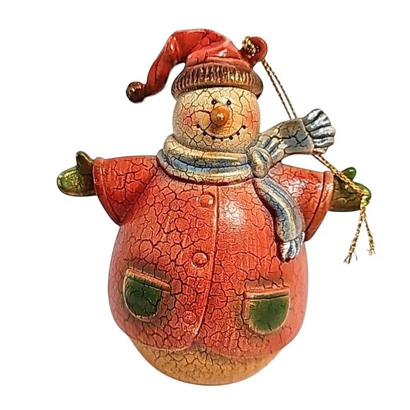Snowman Crackled Look Resin Ornament Gold Thread Hanger 4.5" x 3" Christmas - Picture 1 of 6